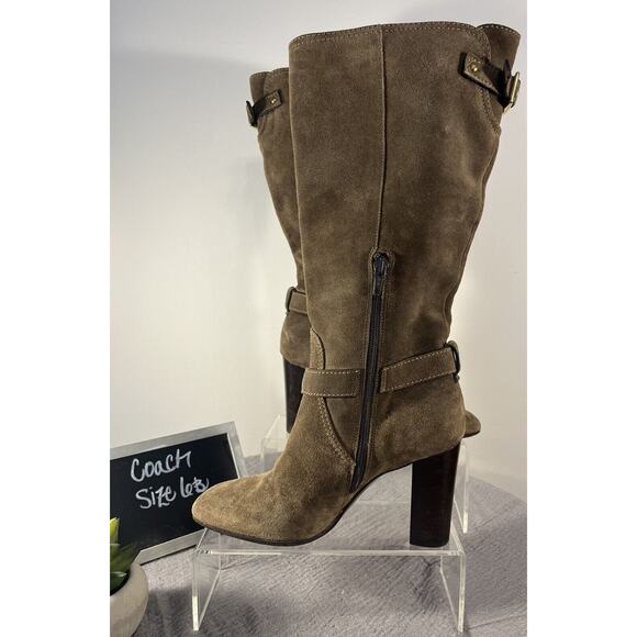 Women's Coach Brown Suede Heel Boots Gold Buckle Pull On Half Zip Size 6B - Picture 1 of 10